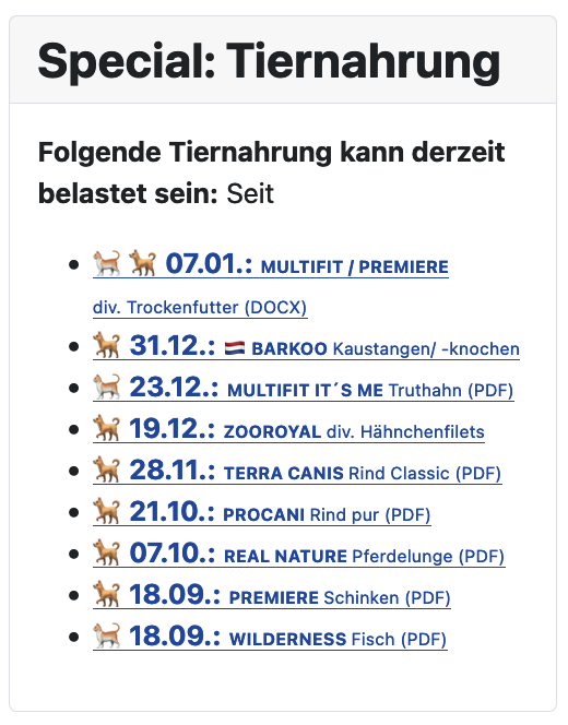 Tiernahrung: Rückrufe